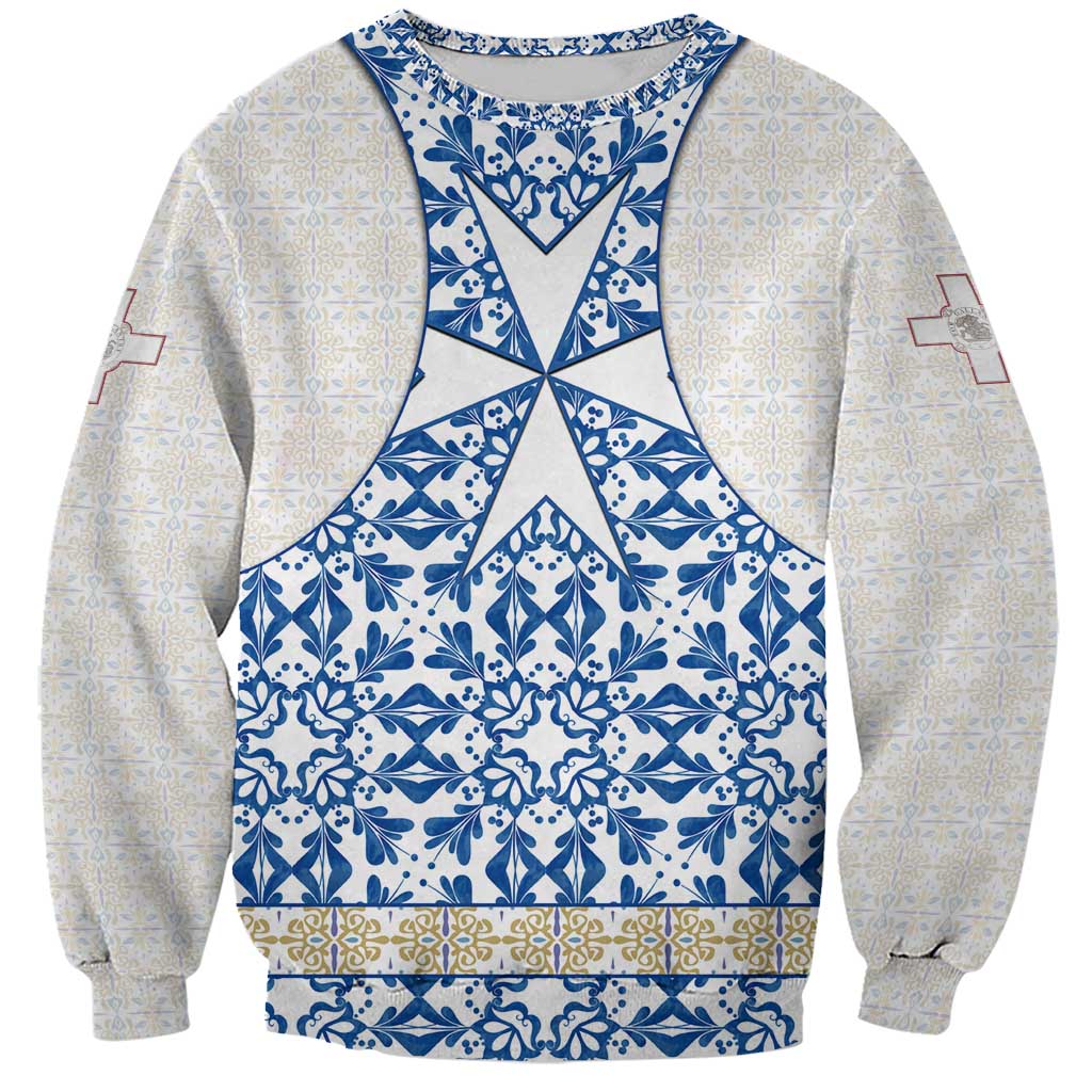 Malta Sweatshirt with Blue White Tile Design and Maltese Cross Pattern - Wonder Print Shop