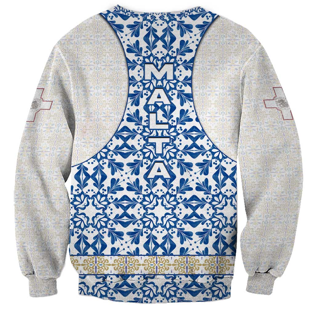 Malta Sweatshirt with Blue White Tile Design and Maltese Cross Pattern - Wonder Print Shop