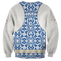 Malta Sweatshirt with Blue White Tile Design and Maltese Cross Pattern - Wonder Print Shop