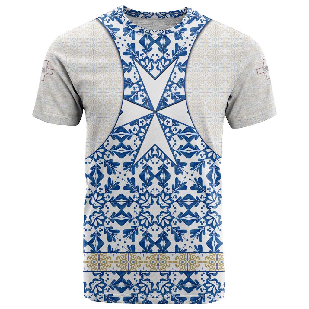 Malta T Shirt with Blue White Tile Design and Maltese Cross Pattern - Wonder Print Shop