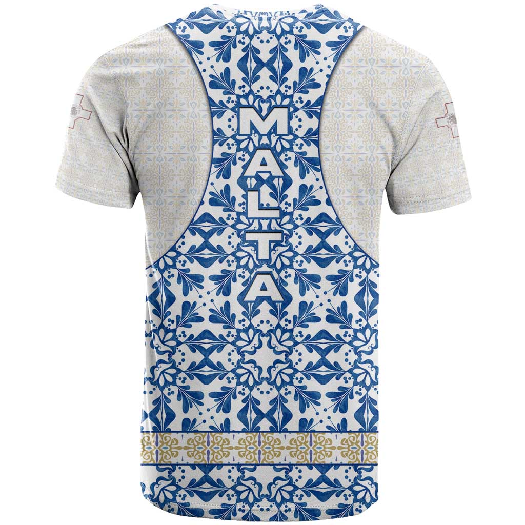 Malta T Shirt with Blue White Tile Design and Maltese Cross Pattern - Wonder Print Shop
