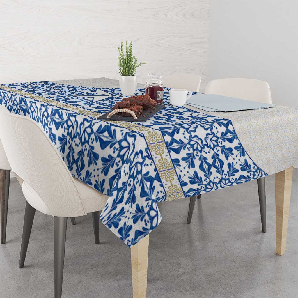 Malta Tablecloth with Blue White Tile Design and Maltese Cross Pattern - Wonder Print Shop