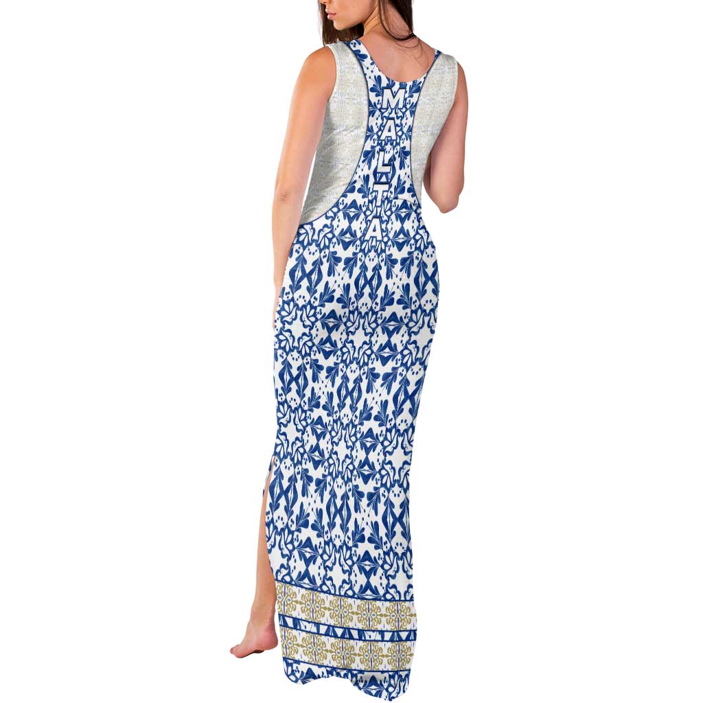 Malta Tank Maxi Dress with Blue White Tile Design and Maltese Cross Pattern - Wonder Print Shop