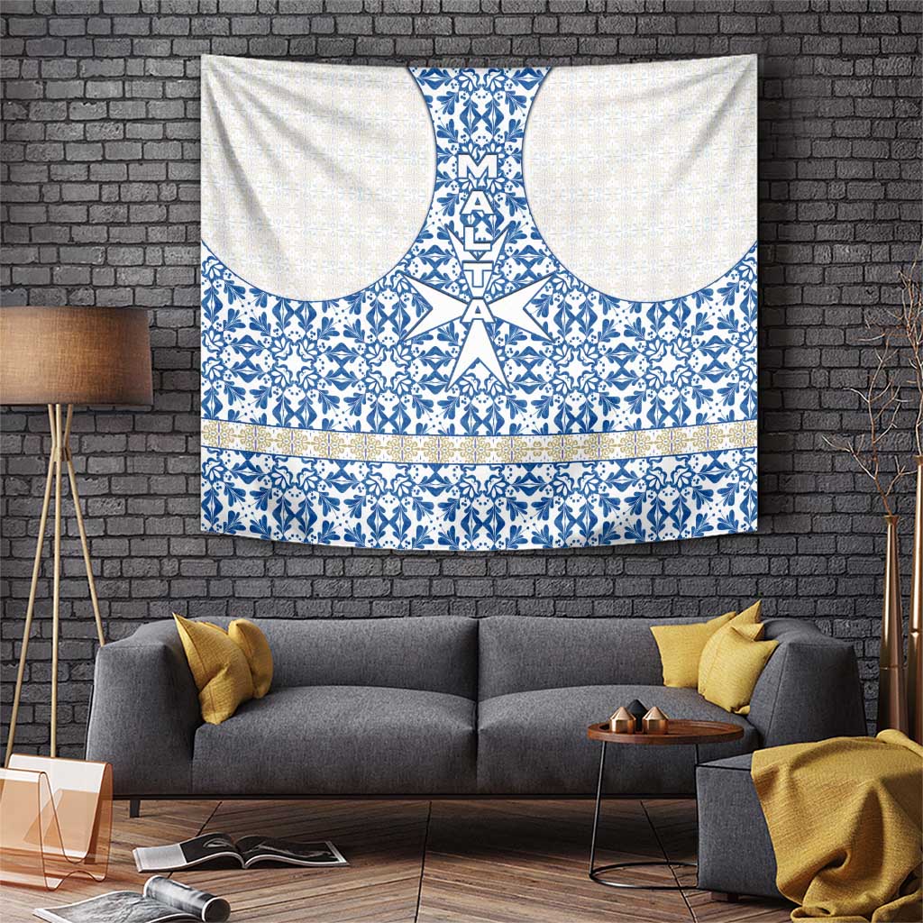 Malta Tapestry with Blue White Tile Design and Maltese Cross Pattern - Wonder Print Shop