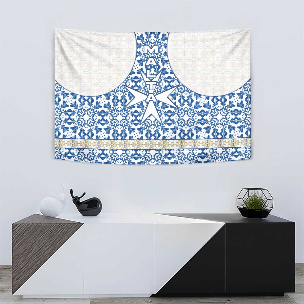 Malta Tapestry with Blue White Tile Design and Maltese Cross Pattern - Wonder Print Shop