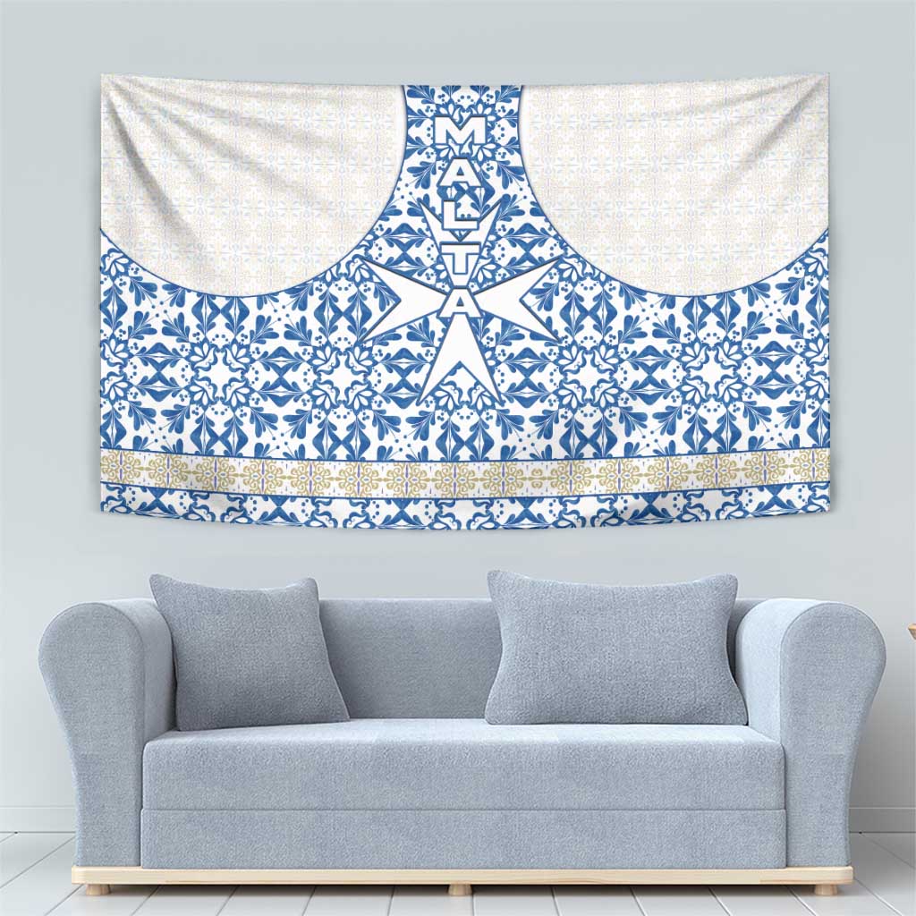 Malta Tapestry with Blue White Tile Design and Maltese Cross Pattern - Wonder Print Shop