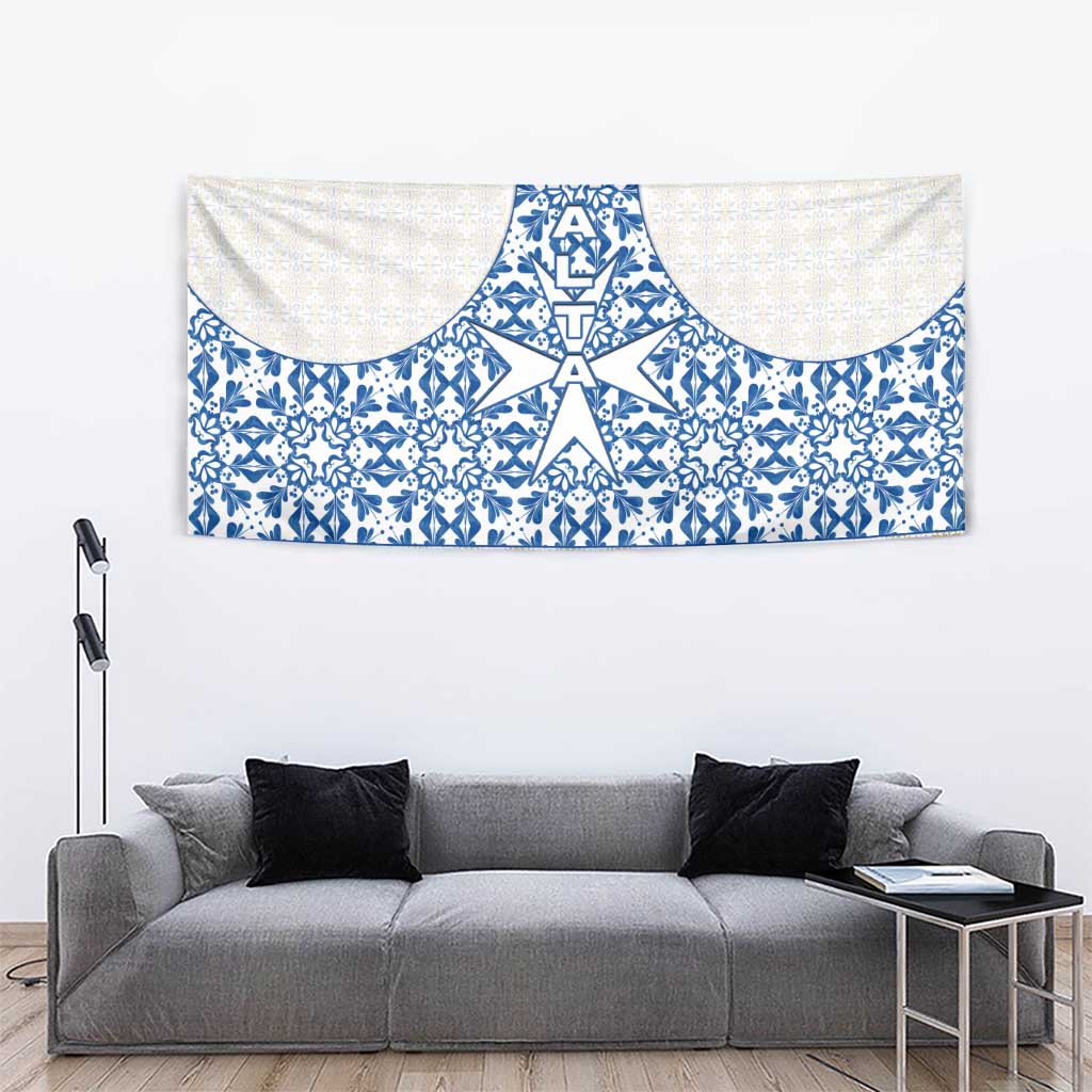 Malta Tapestry with Blue White Tile Design and Maltese Cross Pattern - Wonder Print Shop