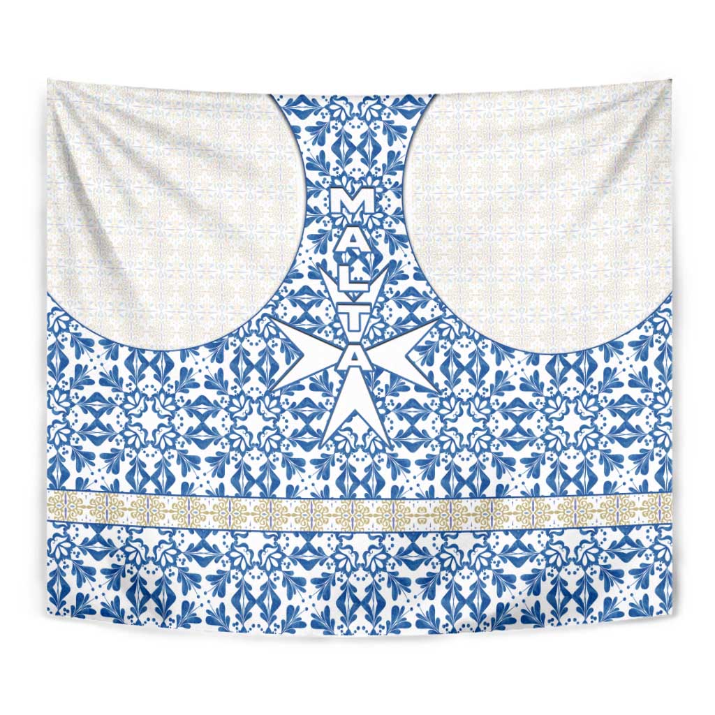 Malta Tapestry with Blue White Tile Design and Maltese Cross Pattern - Wonder Print Shop