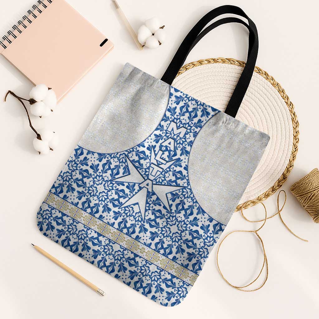 Malta Tote Bag with Blue White Tile Design and Maltese Cross Pattern - Wonder Print Shop