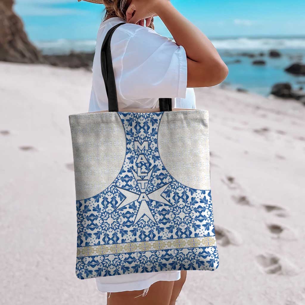 Malta Tote Bag with Blue White Tile Design and Maltese Cross Pattern - Wonder Print Shop