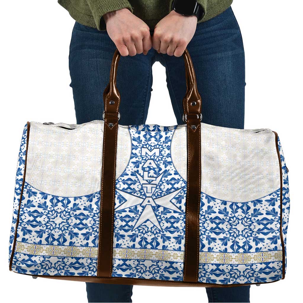 Malta Travel Bag with Blue White Tile Design and Maltese Cross Pattern - Wonder Print Shop