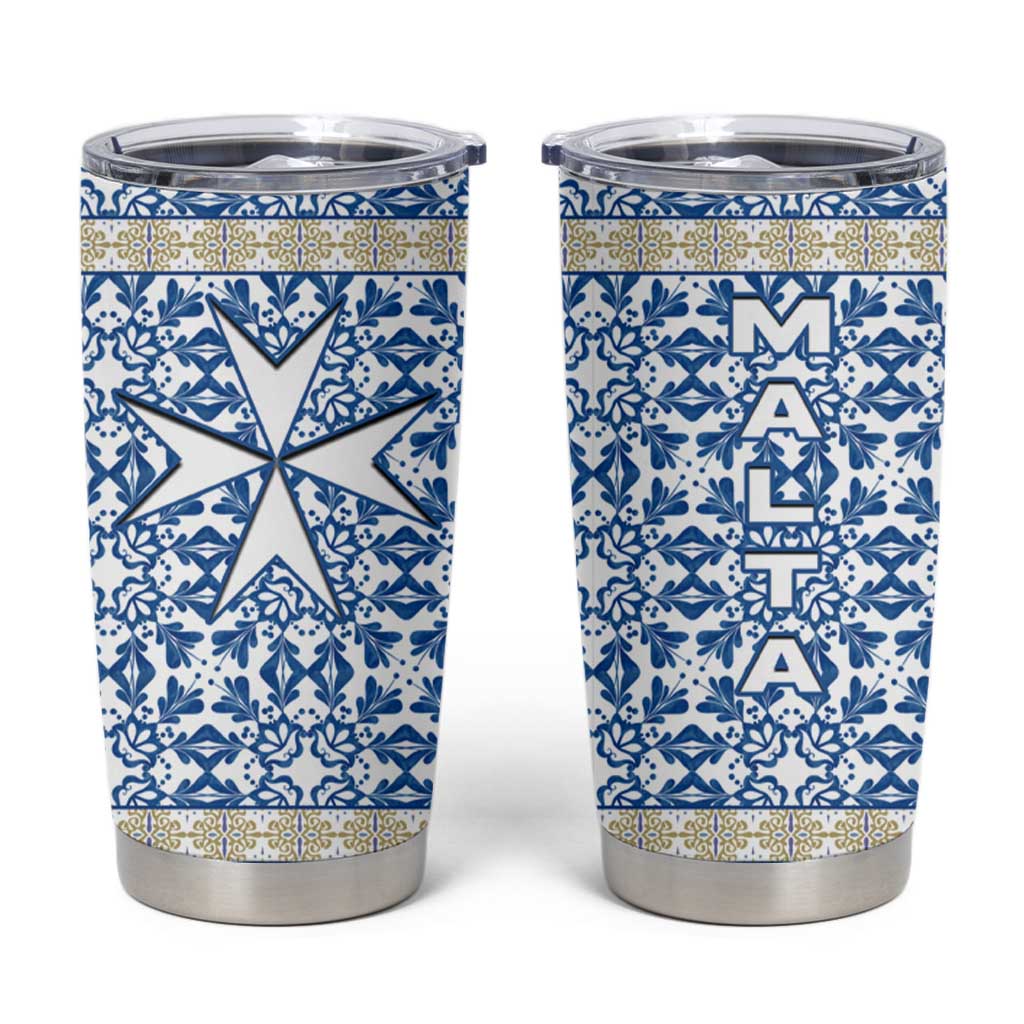Malta Tumbler Cup with Blue White Tile Design and Maltese Cross Pattern - Wonder Print Shop