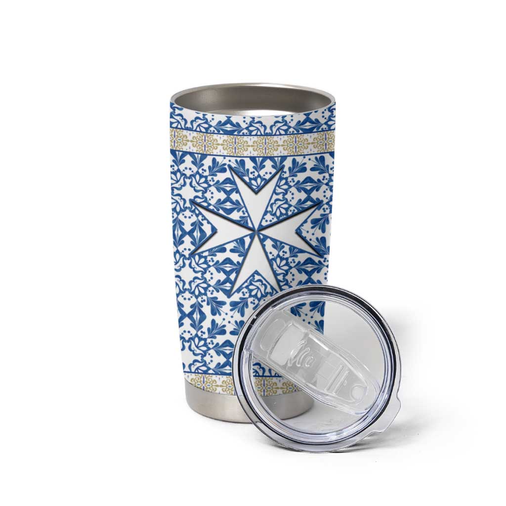 Malta Tumbler Cup with Blue White Tile Design and Maltese Cross Pattern - Wonder Print Shop