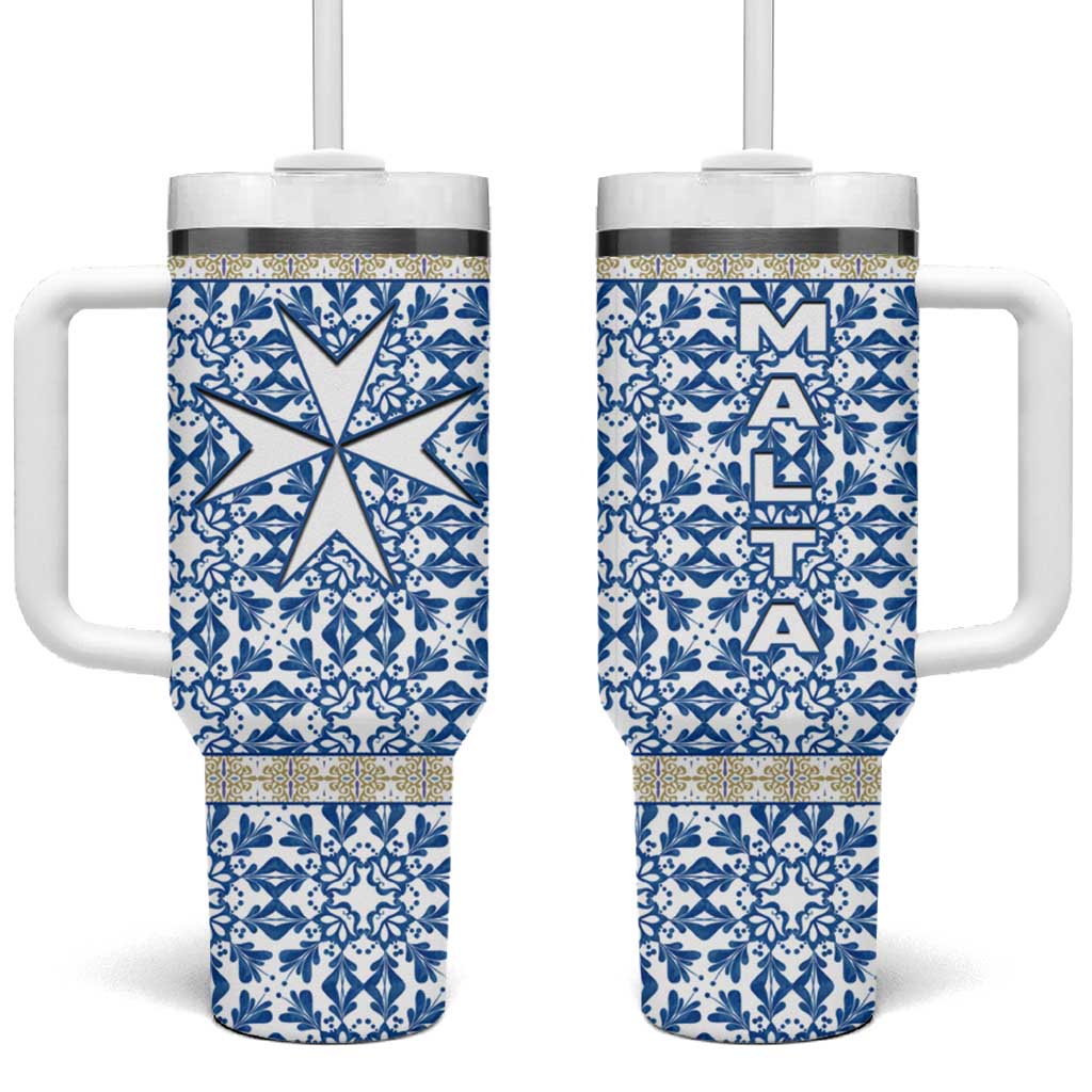 Malta Tumbler With Handle with Blue White Tile Design and Maltese Cross Pattern - Wonder Print Shop