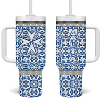 Malta Tumbler With Handle with Blue White Tile Design and Maltese Cross Pattern - Wonder Print Shop
