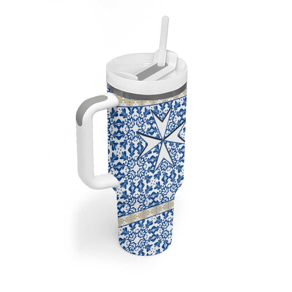 Malta Tumbler With Handle with Blue White Tile Design and Maltese Cross Pattern - Wonder Print Shop