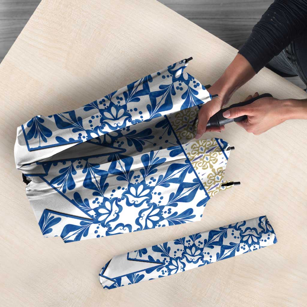 Malta Umbrella with Blue White Tile Design and Maltese Cross Pattern - Wonder Print Shop