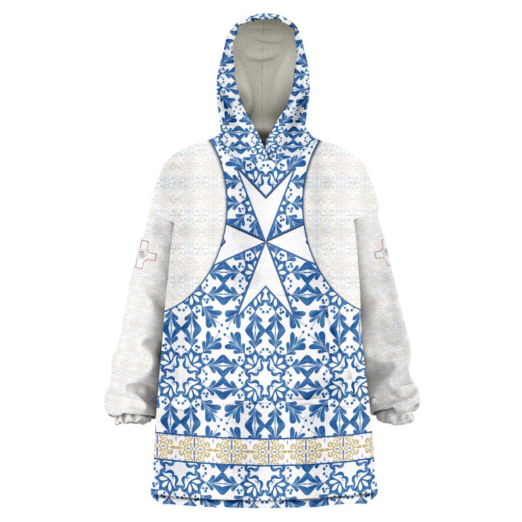 Malta Wearable Blanket Hoodie with Blue White Tile Design and Maltese Cross Pattern - Wonder Print Shop