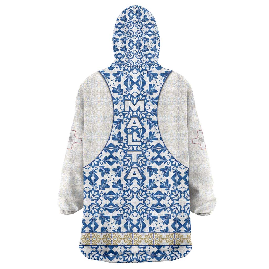 Malta Wearable Blanket Hoodie with Blue White Tile Design and Maltese Cross Pattern - Wonder Print Shop