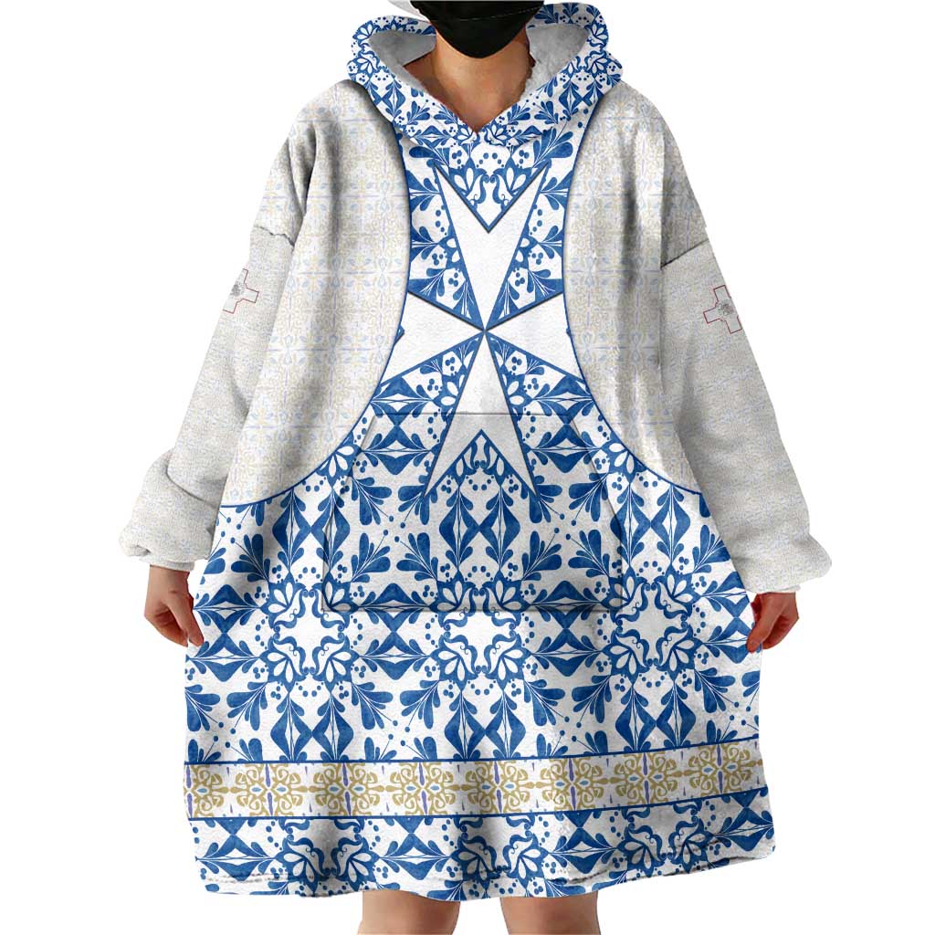 Malta Wearable Blanket Hoodie with Blue White Tile Design and Maltese Cross Pattern - Wonder Print Shop