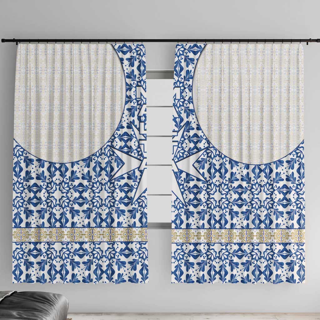 Malta Window Curtain with Blue White Tile Design and Maltese Cross Pattern - Wonder Print Shop