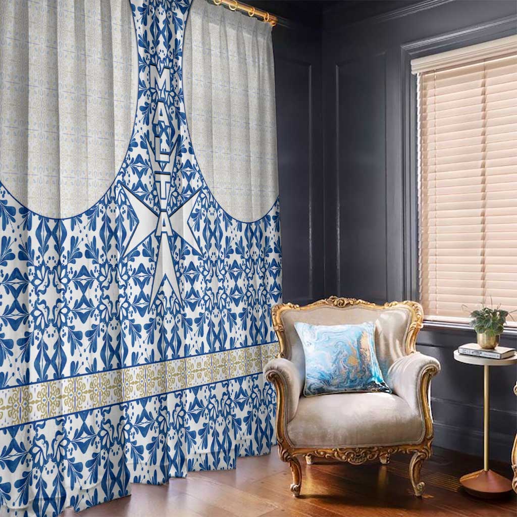 Malta Window Curtain with Blue White Tile Design and Maltese Cross Pattern - Wonder Print Shop