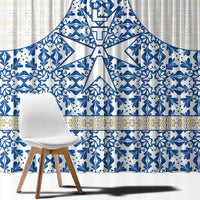 Malta Window Curtain with Blue White Tile Design and Maltese Cross Pattern - Wonder Print Shop