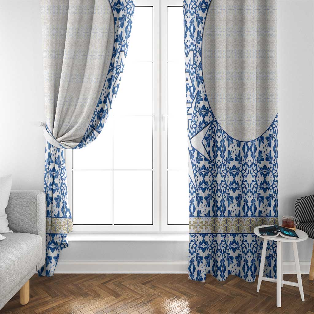 Malta Window Curtain with Blue White Tile Design and Maltese Cross Pattern - Wonder Print Shop