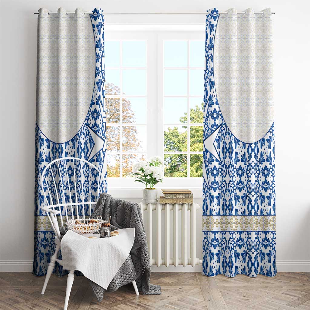 Malta Window Curtain with Blue White Tile Design and Maltese Cross Pattern - Wonder Print Shop