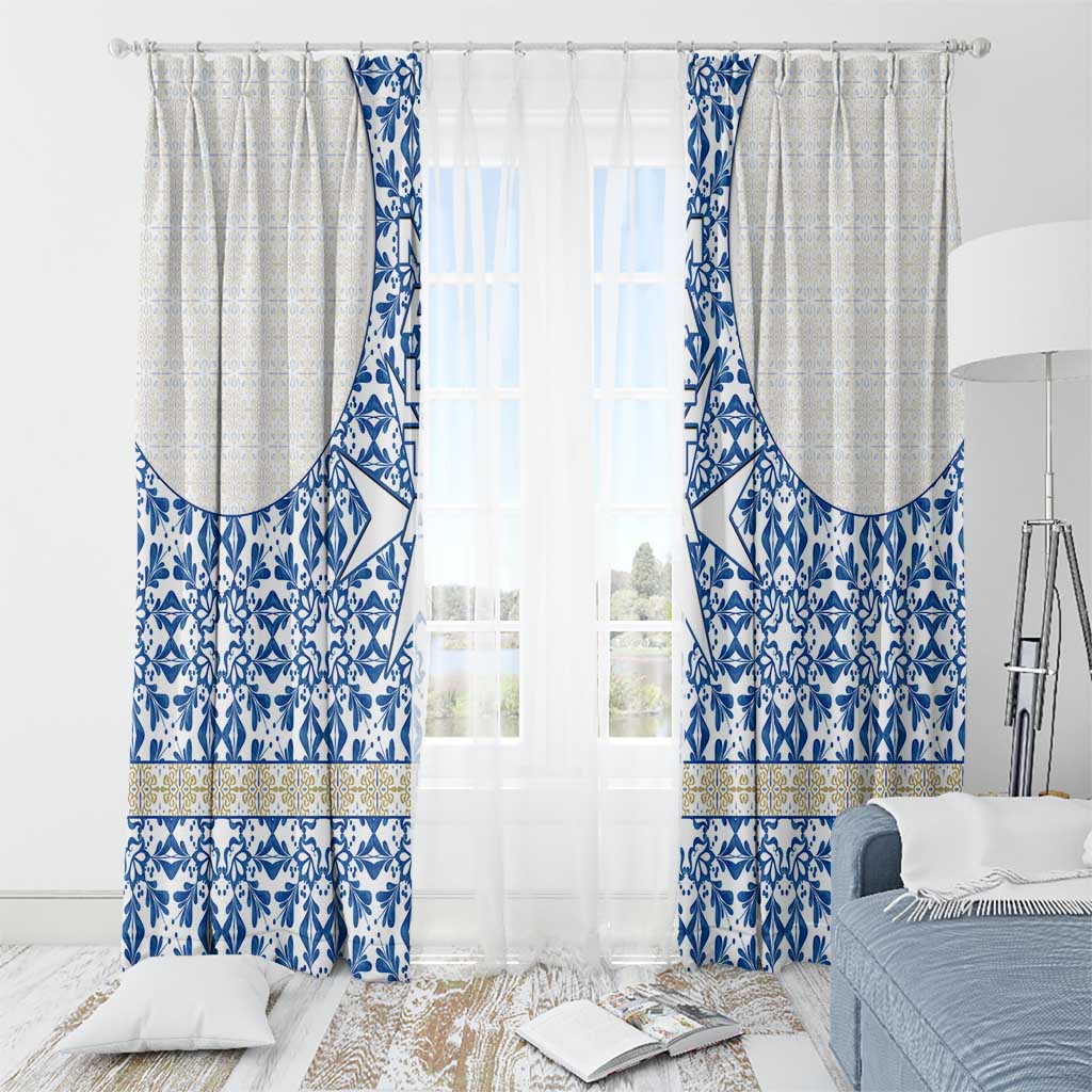 Malta Window Curtain with Blue White Tile Design and Maltese Cross Pattern - Wonder Print Shop