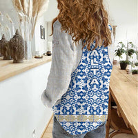 Malta Women Casual Shirt with Blue White Tile Design and Maltese Cross Pattern - Wonder Print Shop