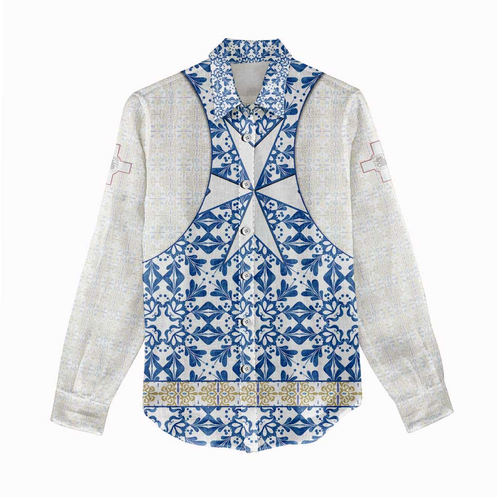 Malta Women Casual Shirt with Blue White Tile Design and Maltese Cross Pattern - Wonder Print Shop