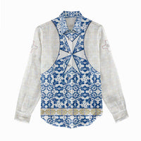 Malta Women Casual Shirt with Blue White Tile Design and Maltese Cross Pattern - Wonder Print Shop