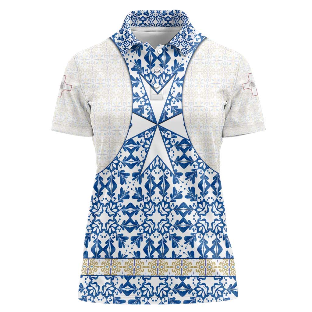 Malta Women Polo Shirt with Blue White Tile Design and Maltese Cross Pattern - Wonder Print Shop