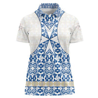 Malta Women Polo Shirt with Blue White Tile Design and Maltese Cross Pattern - Wonder Print Shop