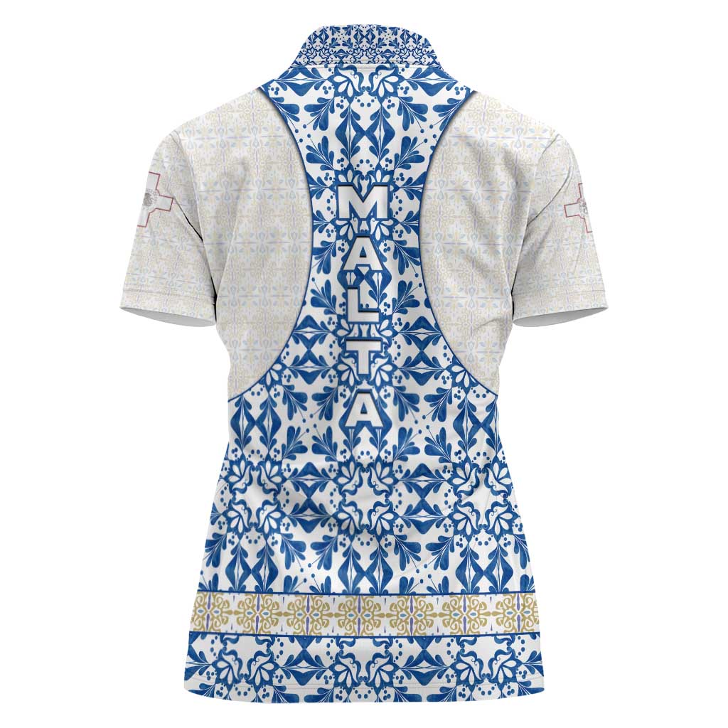 Malta Women Polo Shirt with Blue White Tile Design and Maltese Cross Pattern - Wonder Print Shop