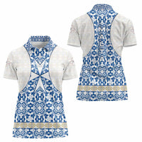 Malta Women Polo Shirt with Blue White Tile Design and Maltese Cross Pattern - Wonder Print Shop