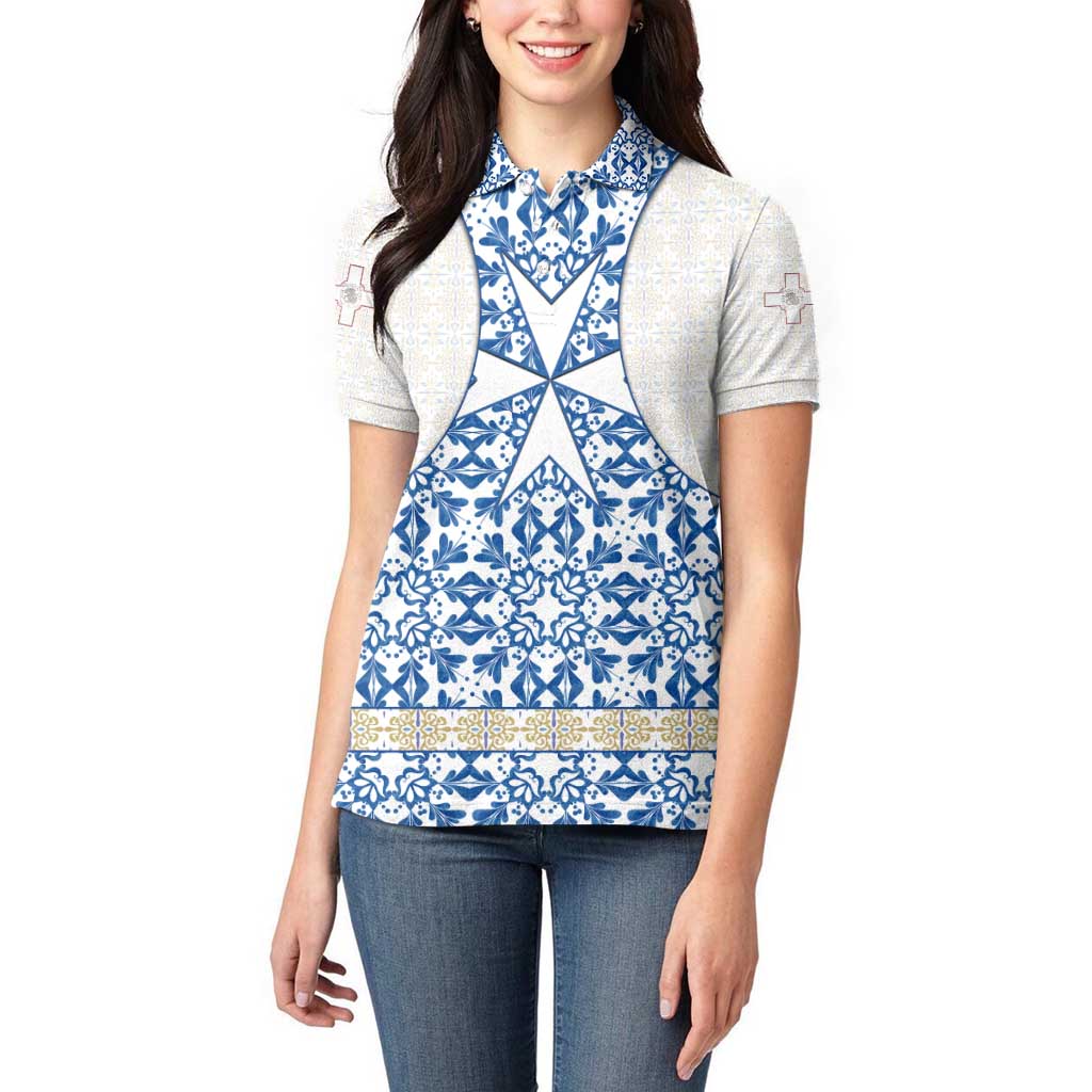Malta Women Polo Shirt with Blue White Tile Design and Maltese Cross Pattern - Wonder Print Shop