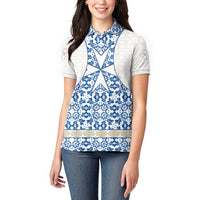 Malta Women Polo Shirt with Blue White Tile Design and Maltese Cross Pattern - Wonder Print Shop
