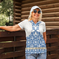 Malta Women Polo Shirt with Blue White Tile Design and Maltese Cross Pattern - Wonder Print Shop