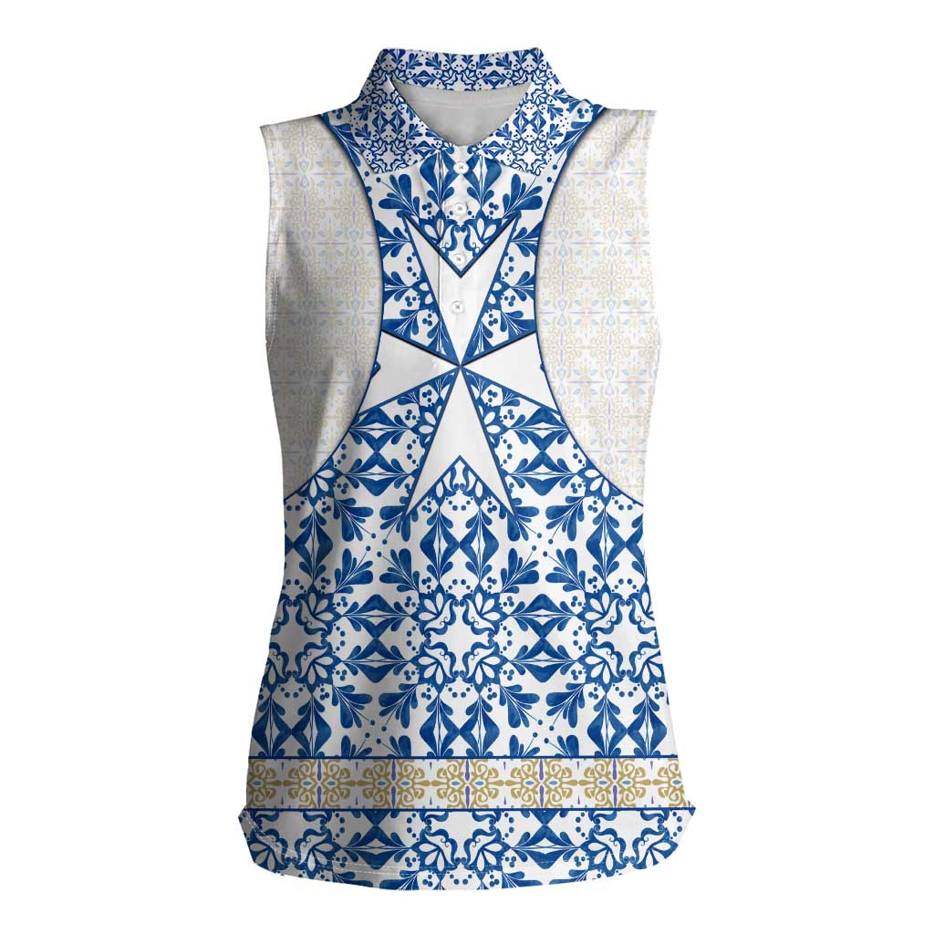 Malta Women Sleeveless Polo Shirt with Blue White Tile Design and Maltese Cross Pattern - Wonder Print Shop