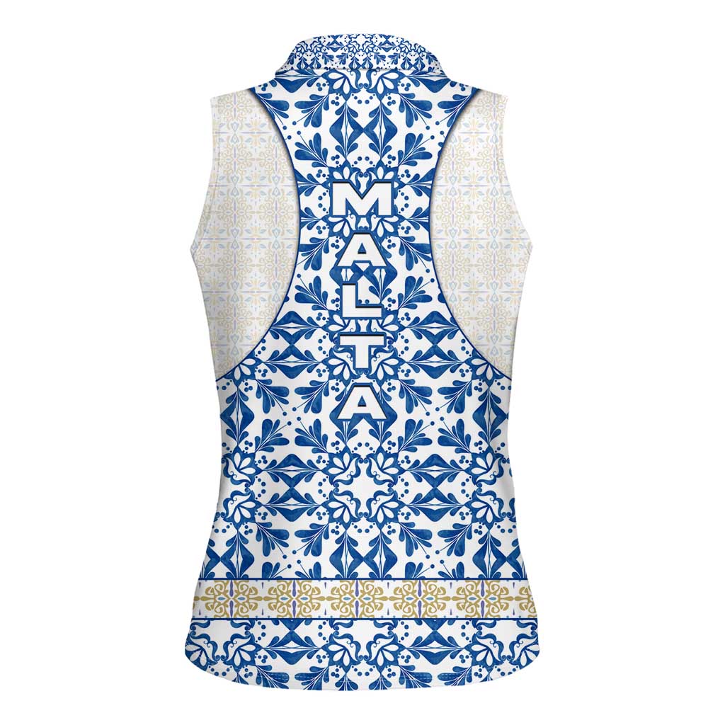 Malta Women Sleeveless Polo Shirt with Blue White Tile Design and Maltese Cross Pattern - Wonder Print Shop