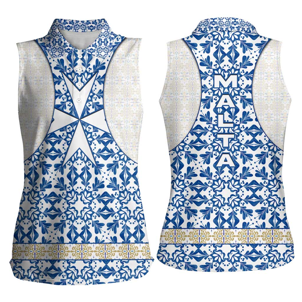 Malta Women Sleeveless Polo Shirt with Blue White Tile Design and Maltese Cross Pattern - Wonder Print Shop