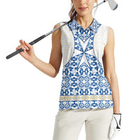Malta Women Sleeveless Polo Shirt with Blue White Tile Design and Maltese Cross Pattern - Wonder Print Shop