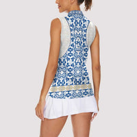 Malta Women Sleeveless Polo Shirt with Blue White Tile Design and Maltese Cross Pattern - Wonder Print Shop