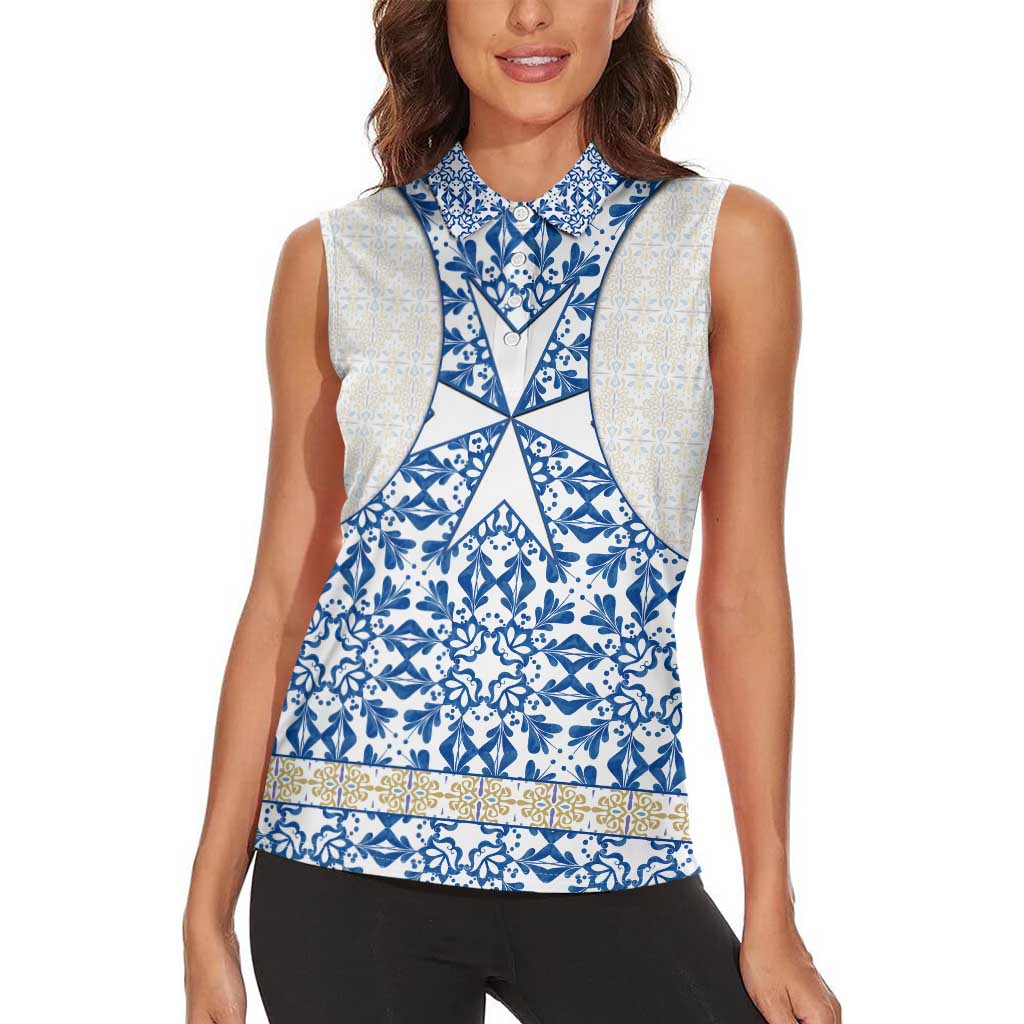 Malta Women Sleeveless Polo Shirt with Blue White Tile Design and Maltese Cross Pattern - Wonder Print Shop