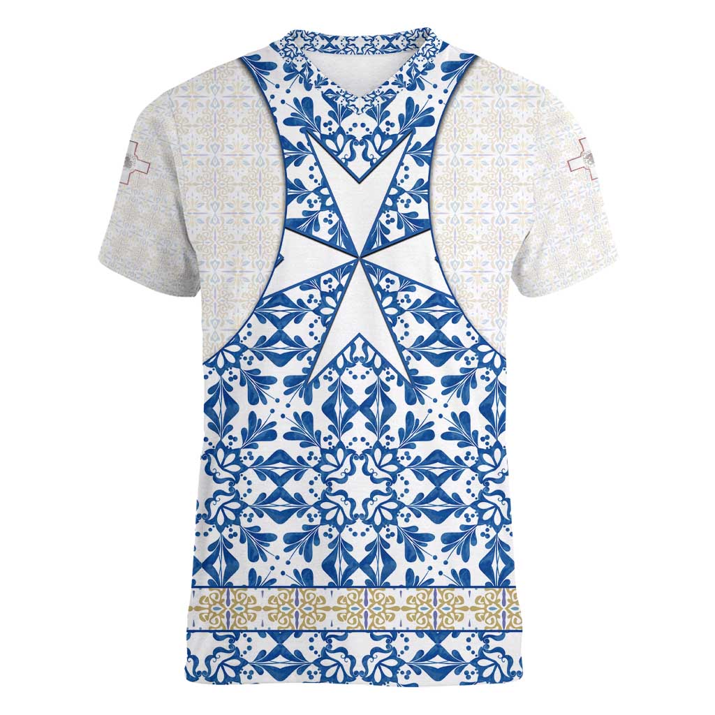 Malta Women V-Neck T-Shirt with Blue White Tile Design and Maltese Cross Pattern - Wonder Print Shop