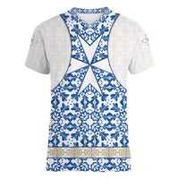Malta Women V-Neck T-Shirt with Blue White Tile Design and Maltese Cross Pattern - Wonder Print Shop