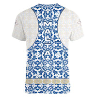 Malta Women V-Neck T-Shirt with Blue White Tile Design and Maltese Cross Pattern - Wonder Print Shop