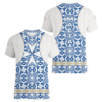 Malta Women V-Neck T-Shirt with Blue White Tile Design and Maltese Cross Pattern - Wonder Print Shop